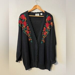 Vintage 90’s Cardigan Sweater Cottagecore Black Embroidered Floral Size Medium
